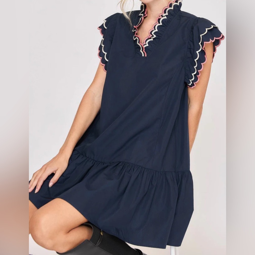 Umgee Navy Dress with Pink and White Trim size Large